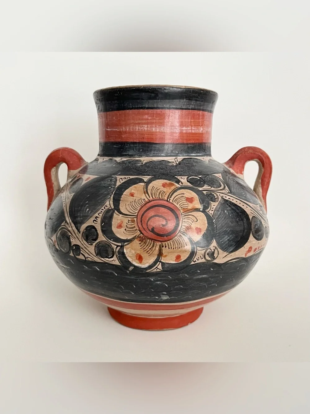 Vintage Mexican Tonala Hand Painted Pottery Vase w/Handles Floral Black Orange